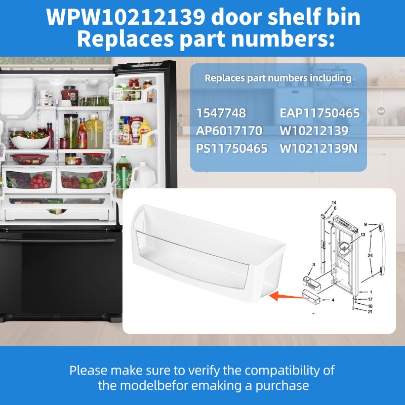 W10212139 WPW10212139 صندوق رف باب الثلاجة متوافق مع رف أجزاء ثلاجة Maytag Whirlpool WPW10212139 استبدال صندوق الكابولي 1547748 PS11750465 AP6017170 صندوق الباب الأيسر للثلاجة - Image 4